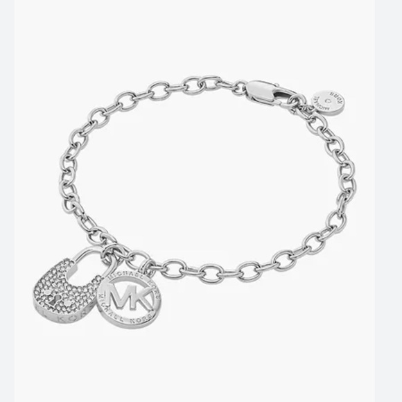 Michael Kors Silver Tone Link Bracelet With Pave Lock & Circular Logo Charm NWT - Picture 2 of 7